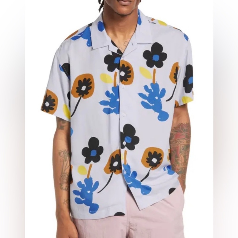 NWOT Obey Mens Prospect Short Sleeve Blue Floral Button Up Shirt Size Large